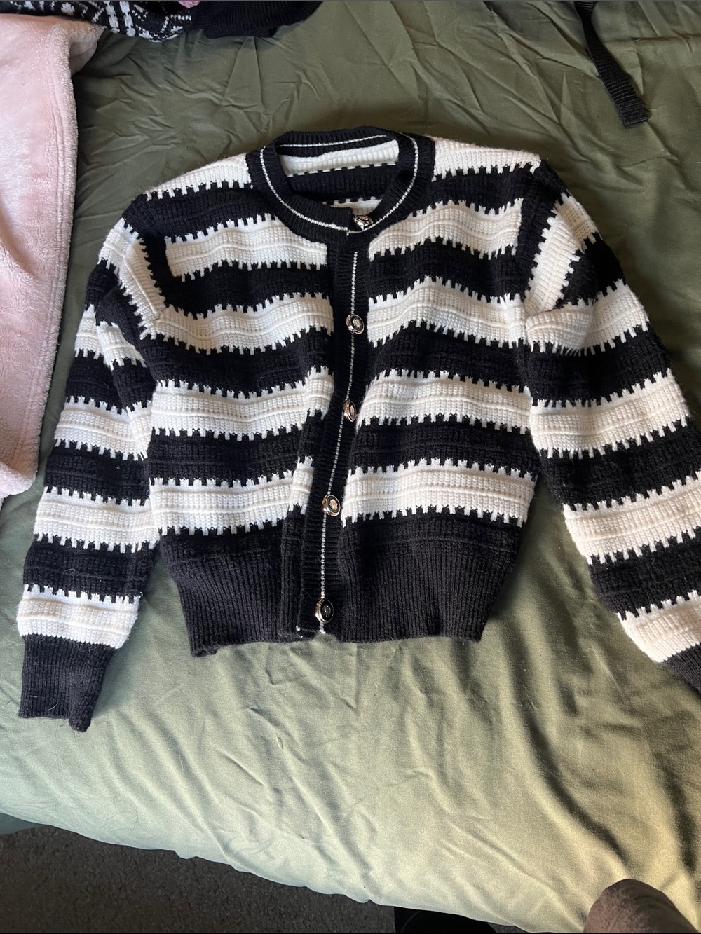 Black & White Striped Knit Cardigan Sweater